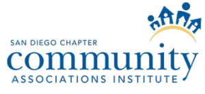 San Diego Chapter Community Associations Institute logo with blue text and a graphic of three figures and two house icons above a yellow arc.