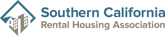Southern California Rental Housing Association logo with a blue abstract building icon and text in blue and beige on a white background.