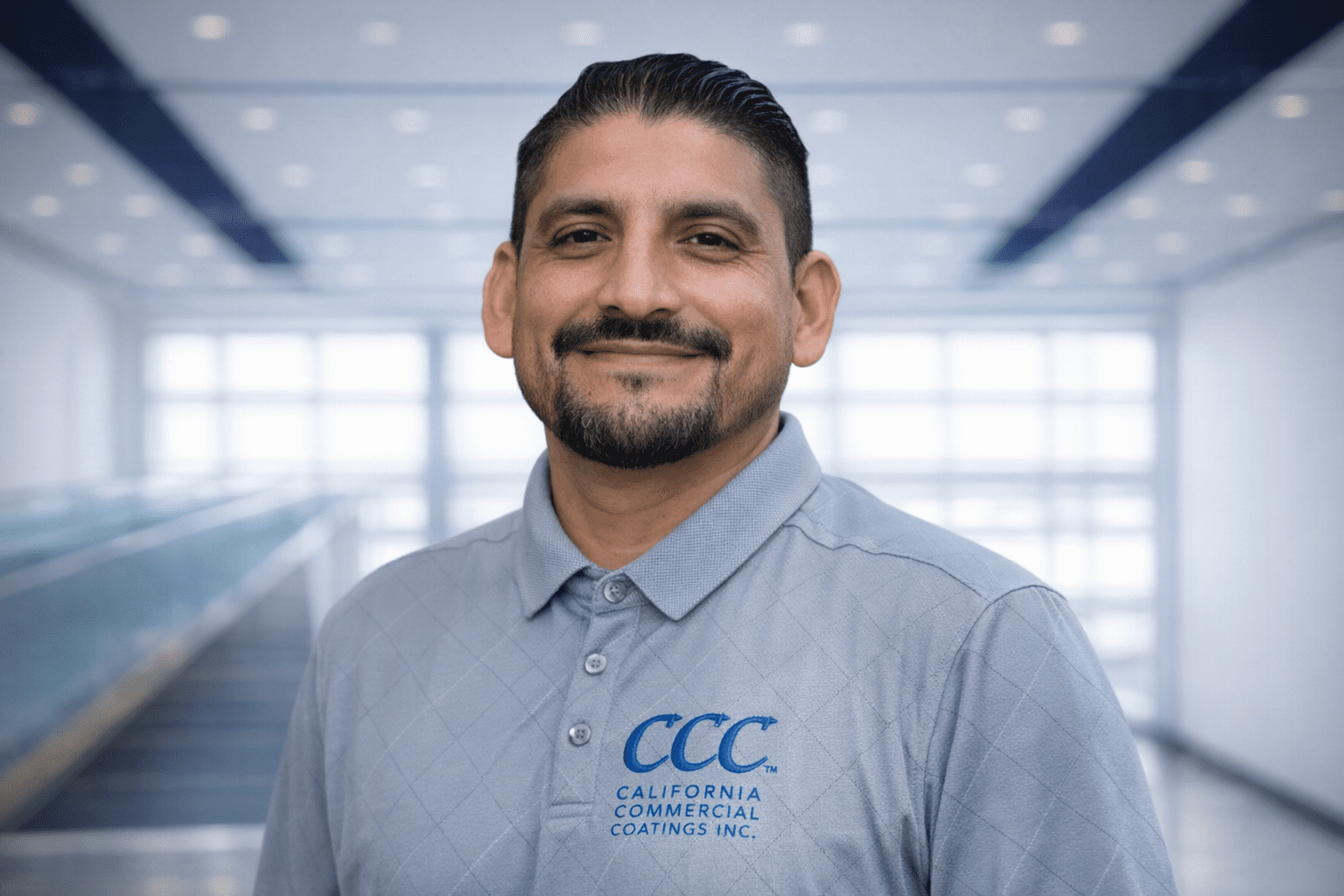 IsaacNavarro-LeadEstimator A man wearing a gray polo shirt with the "California Commercial Coatings Inc." logo stands indoors, smiling at the camera.